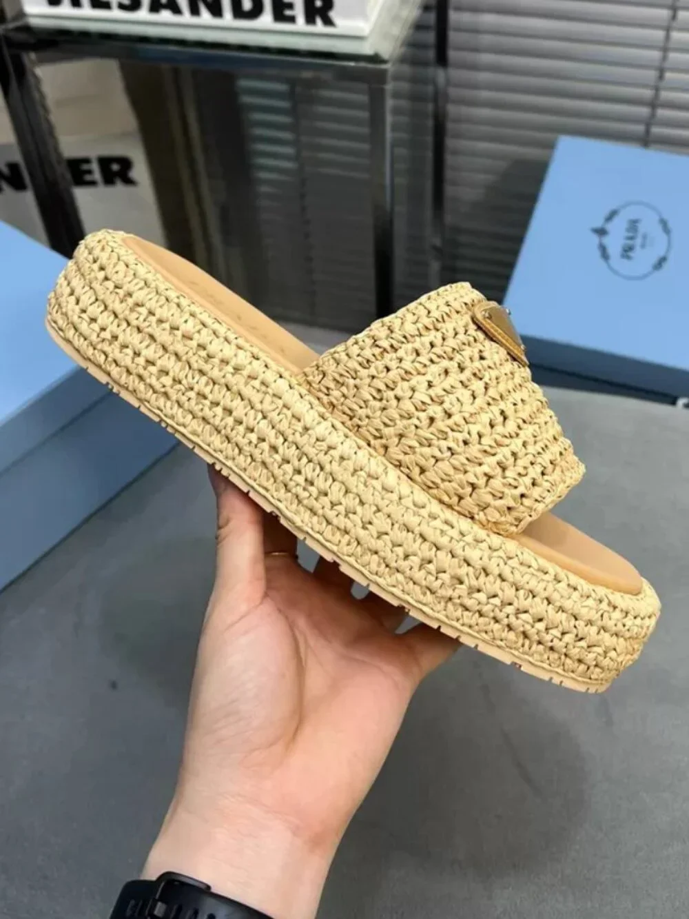 Prada Beige Woven Raffia Slide Sandals